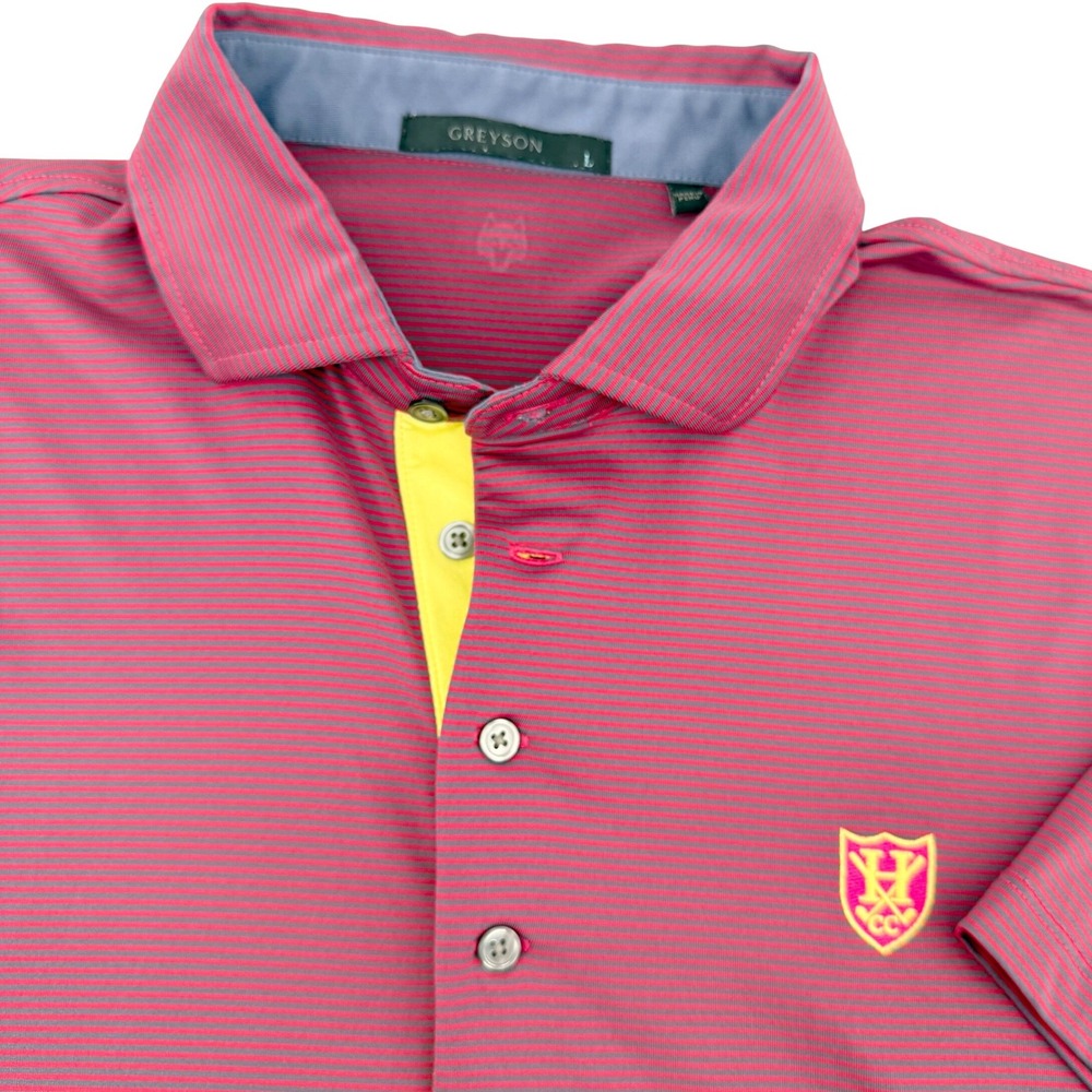 Greyson Yahnundasis YCC Polo Shirt L Striped Short Sleeve Golf Performance Crest